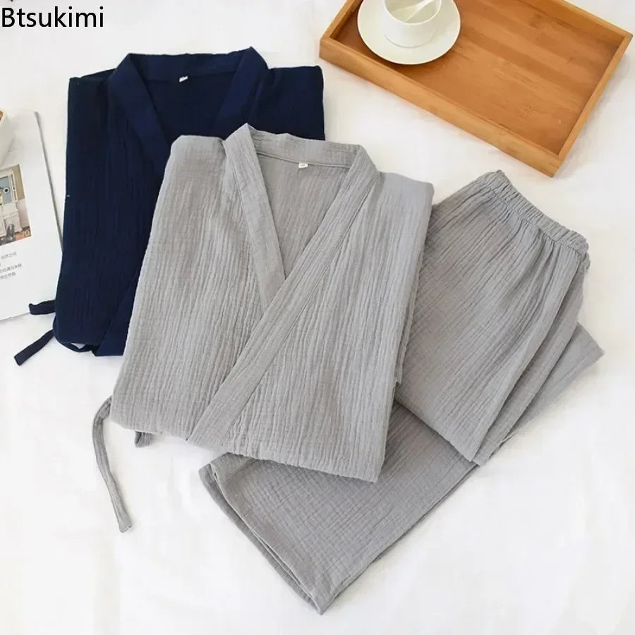 2026 Men's 100% Cotton Cotton Crepe Cloth Pajamas Sets Plus Size Loose V-neck Kimono Bathrobes and Pants Couple Lounge Sleepwear