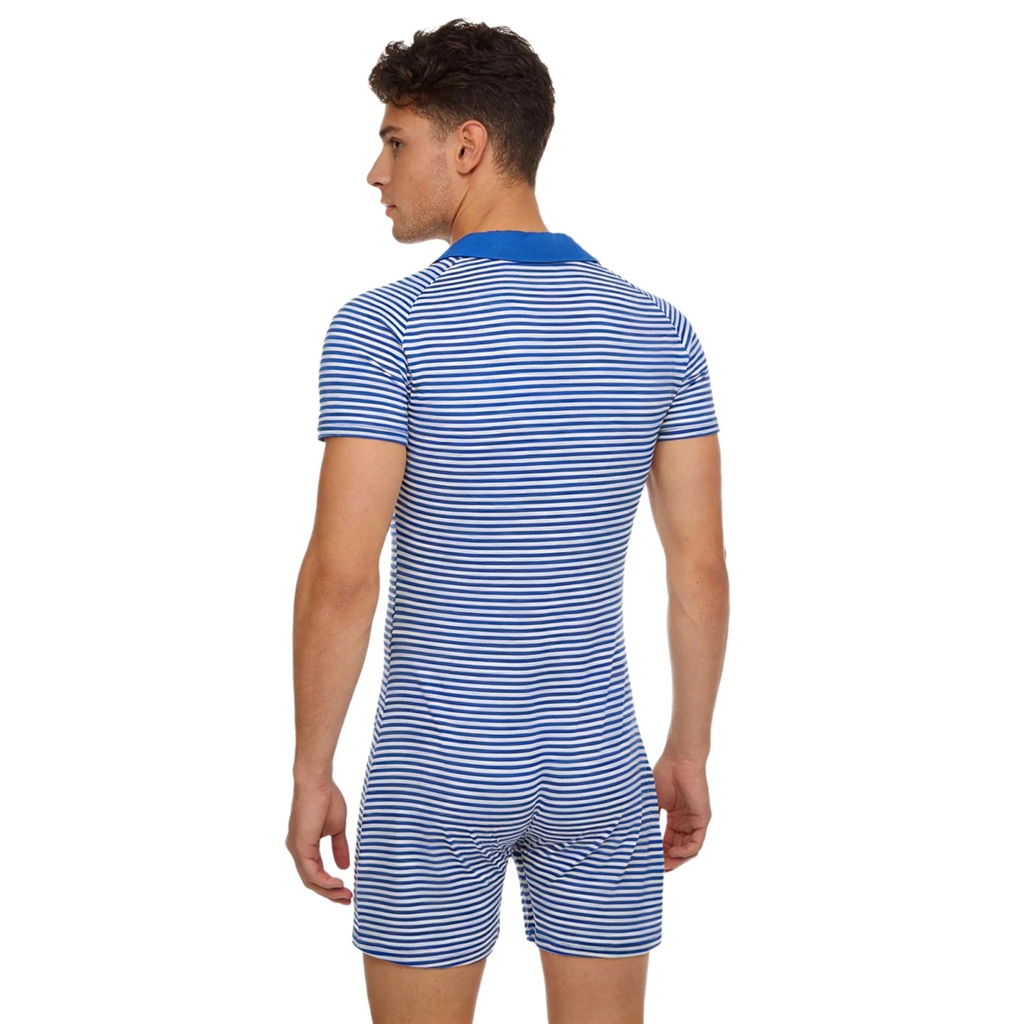 Mens Adults Striped Pajamas Bodysuit Cozy Homewear Turn-down Collar Buttoned Crotch Short Sleeve Rompers Underwear Loungewear