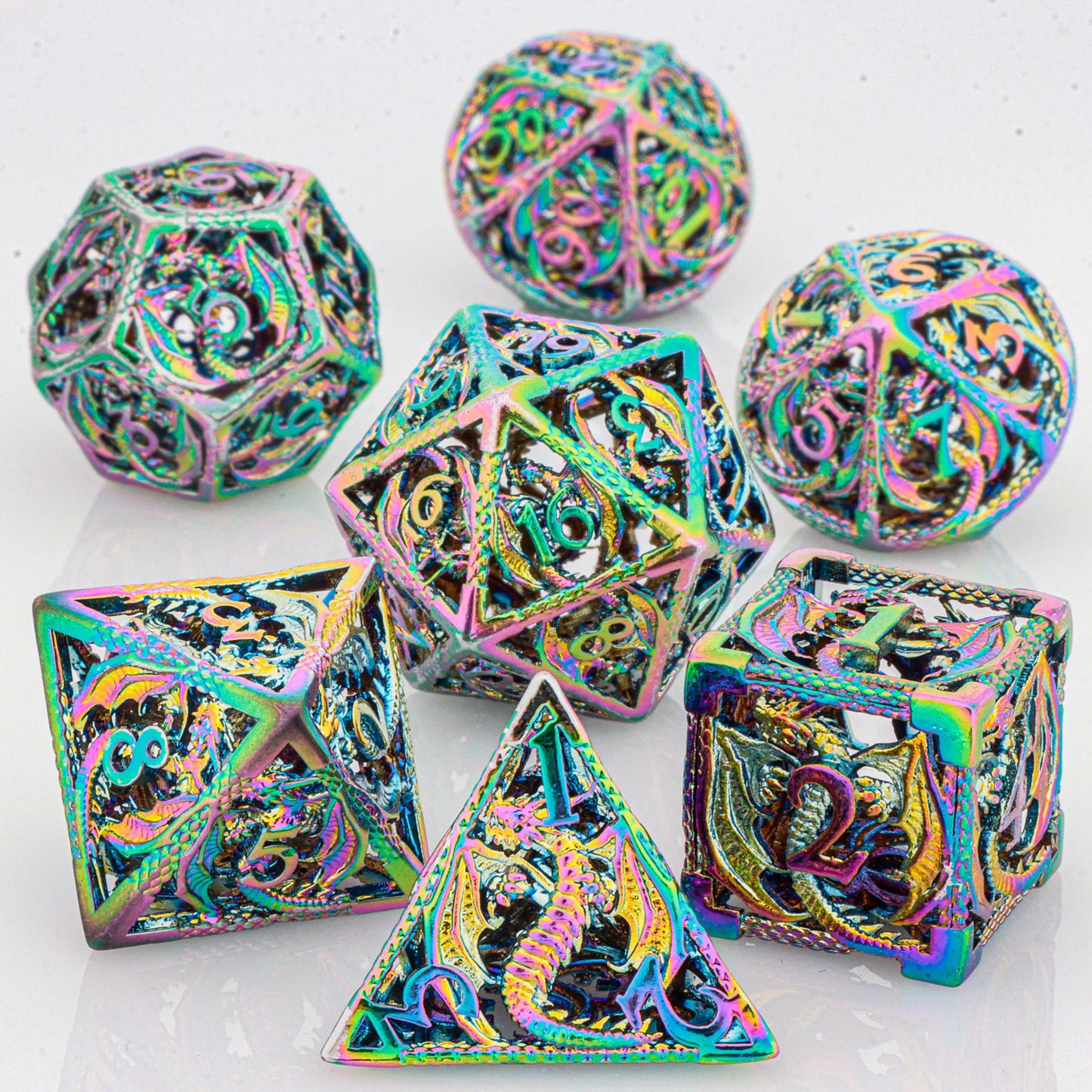 GSF Polyhedral Metal Dragon D&D Dice Set for Dungeons and Dragons Hollow Metal Dice