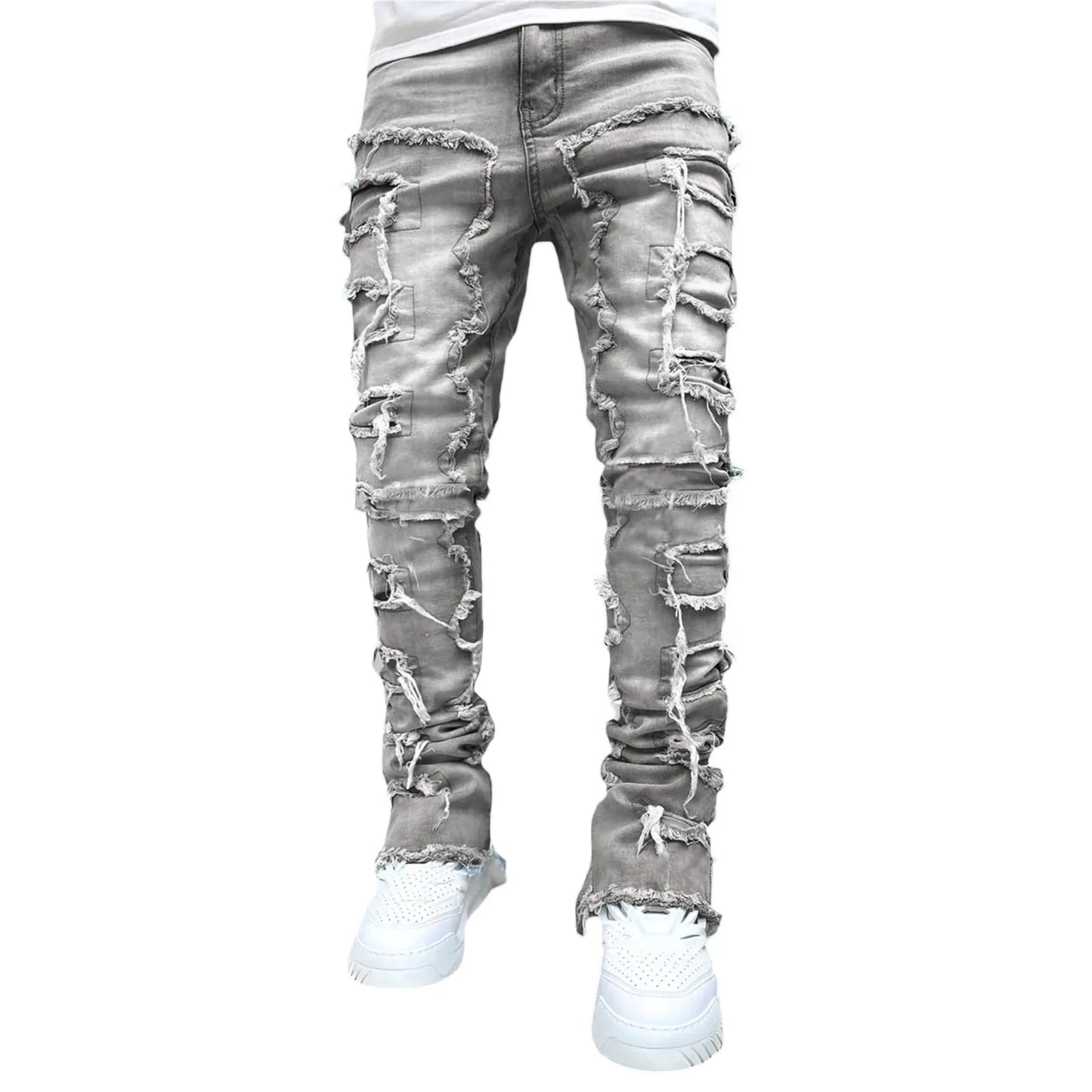 Men's Denim Straight Jeans with Tassels and Pockets