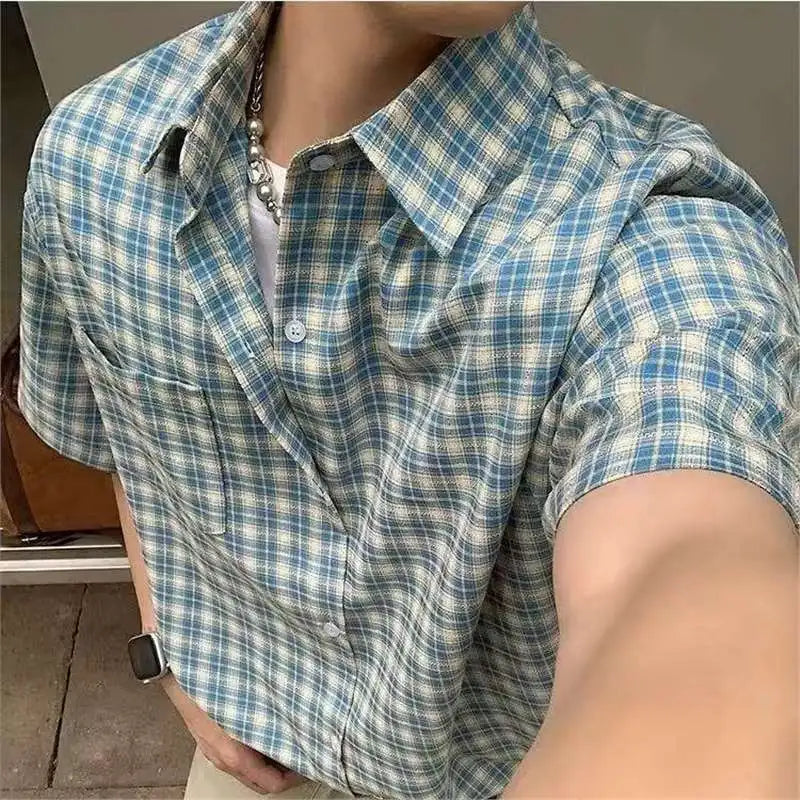 Blue Plaid Short Sleeve Men's Casual Shirt