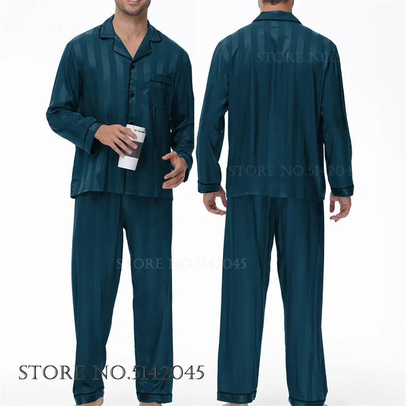 Men Pajamas Sleepwear 2PCS Set Navy Blue Stripes Long Sleeve Trouser Suits Home Clothes Male Loose Silk Satin Pijamas Loungewear