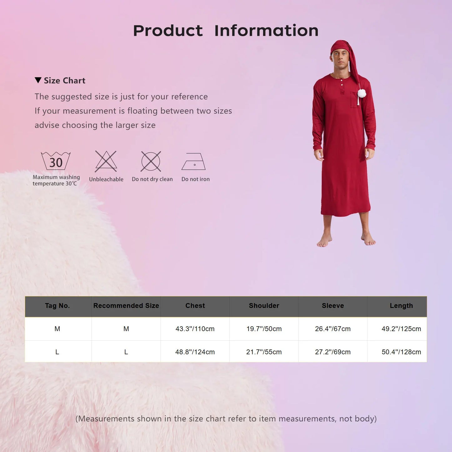 Mens Solid Color Long Sleeve Sleep Robe with Night Cap Round Neck Big & Tall Nightshirts Home Loungewear Pajamas Sleepwear