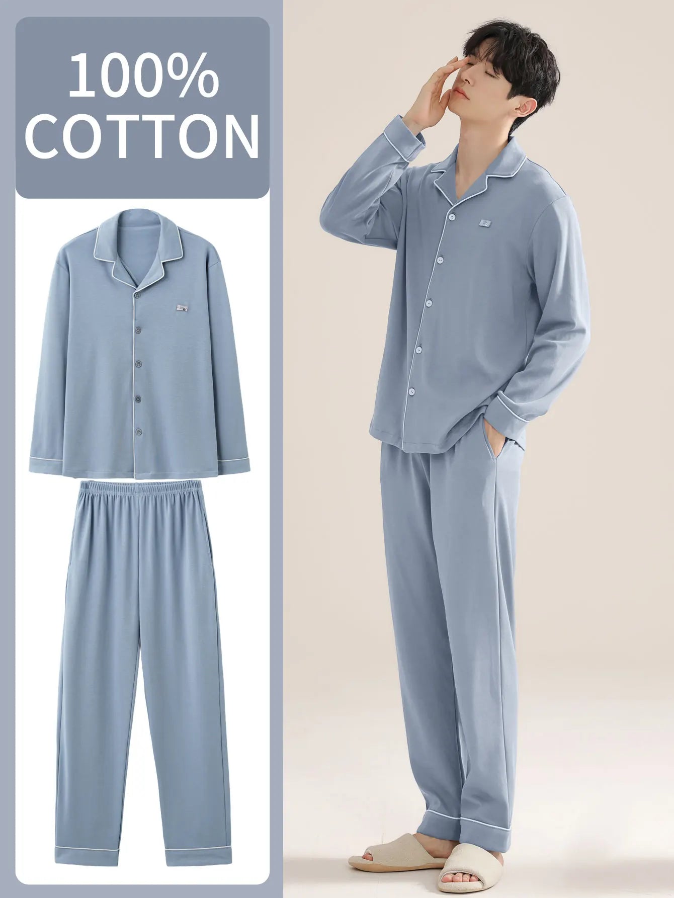 Men's 100% cotton long sleeved four season plus size men's sleepwear, teenage pure cotton home suit set for warmth