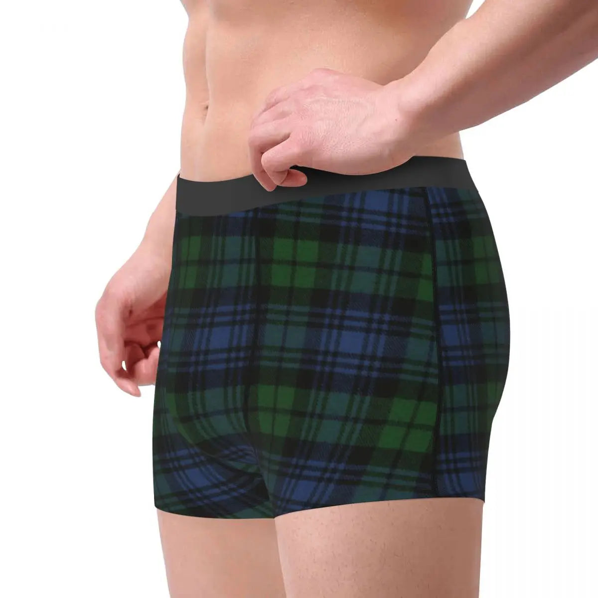 Black Watch Tartan Boxer Shorts for Men in Lycra and Polyester