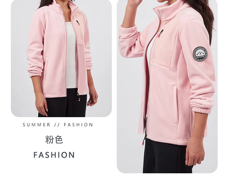 Unisex Outdoor Fleece Jacket Men  Warm Slim-Fit  Zip-Up Front Solid Color Jacket