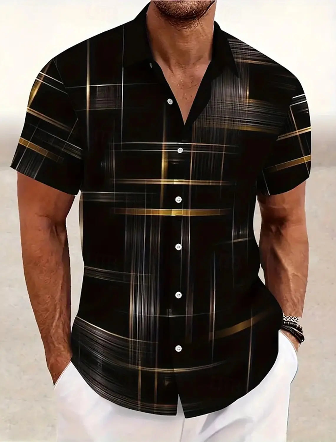 Men's Short Sleeve Geometric Plaid Hawaiian Shirt