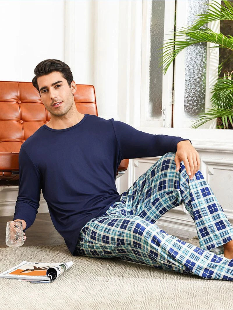 Men's Plaid Print Lounge Set Soft Long-Sleeve Round Neck Top And Pants Breathable Fabric Loose Fit Casual Homewear Loungewear