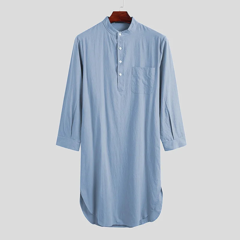 Muslim Fashion Abayas for Men Sleep Robes Solid Cotton Long Sleeve Comfortable Leisure Nightgown Mens Bathrobes Homewear Robes