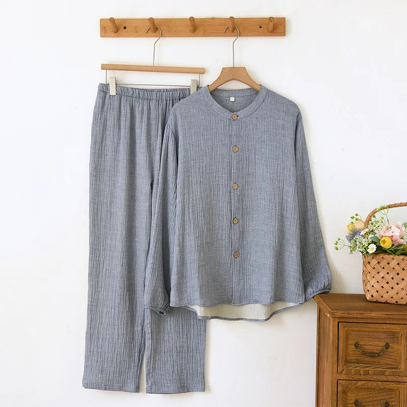 Solid Color Loungewear Set for Men 100% Cotton Muslin Pajamas Loose Round Neck Smoky Blue Sleepwear 2 Piece Autumn Home Clothes