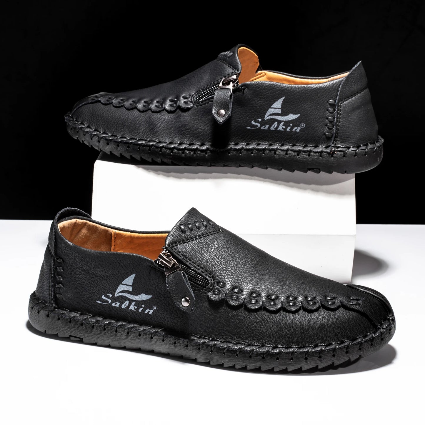 Men's Breathable Leather Casual Shoes with Zip Closure