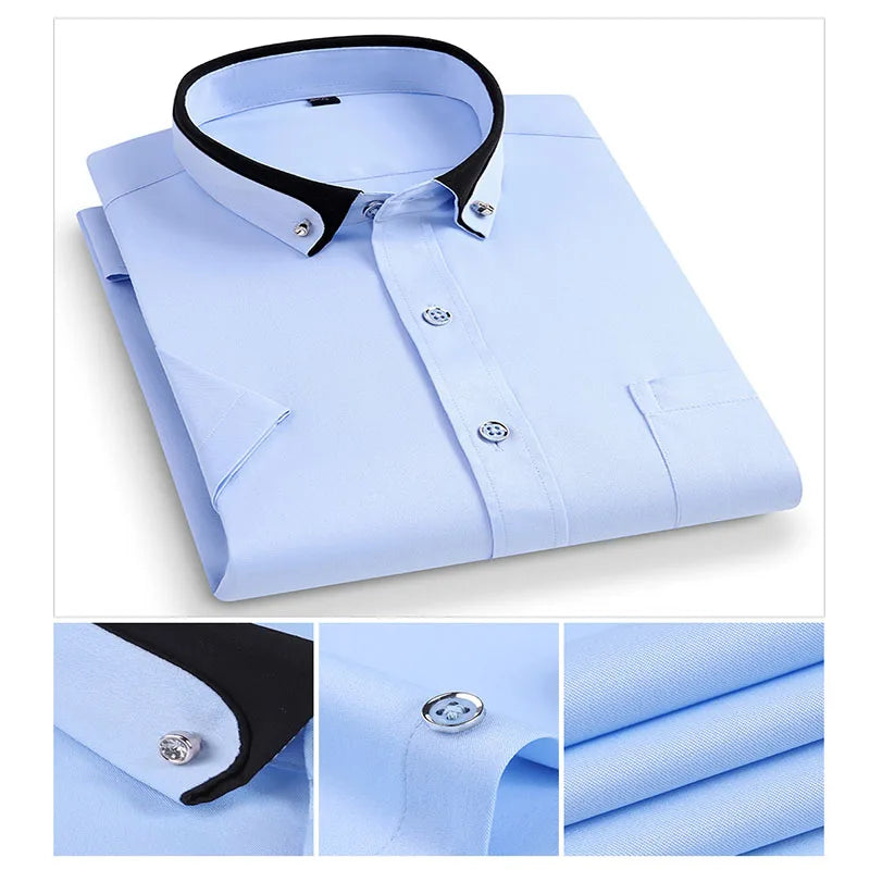 Men's Short Sleeve Business Dress Shirt with Contrast Collar