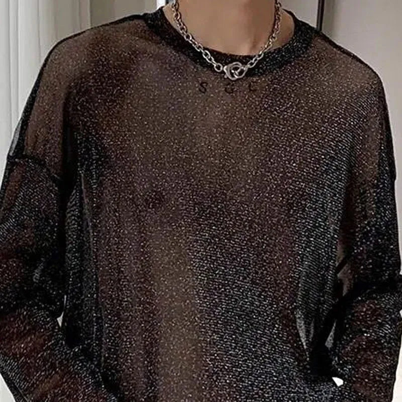 Man T-shirt Sheer Mesh Round Neck Long Sleeve Sexy Men's Clothing Tops Out Streetwear Party Thin Style Clothes