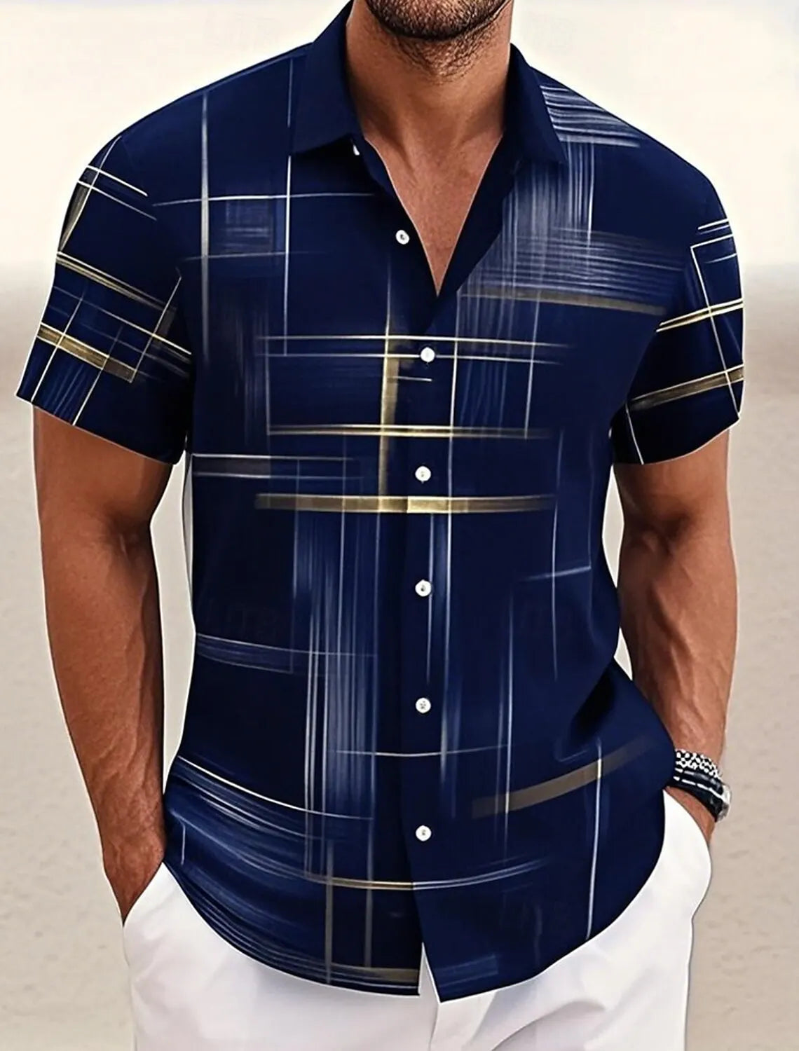 Men's Short Sleeve Geometric Plaid Hawaiian Shirt