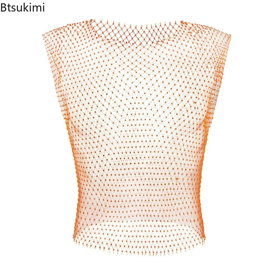 2026 New Men's Sexy Tank Tops Fishnet Rhinestone Shiny Hollow Vest Man Mesh See-Through Sleeveless T-Shirt Transparent Clothing
