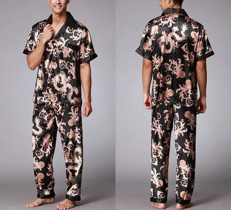 2026 Spring Summer Loungewear Short Sleeves Long Pants Pajama Set Men Printed Satin Silk Pyjamas Male Pajamas Household Clothes