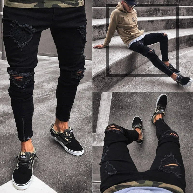 Black Ripped Stretch Jeans for Men