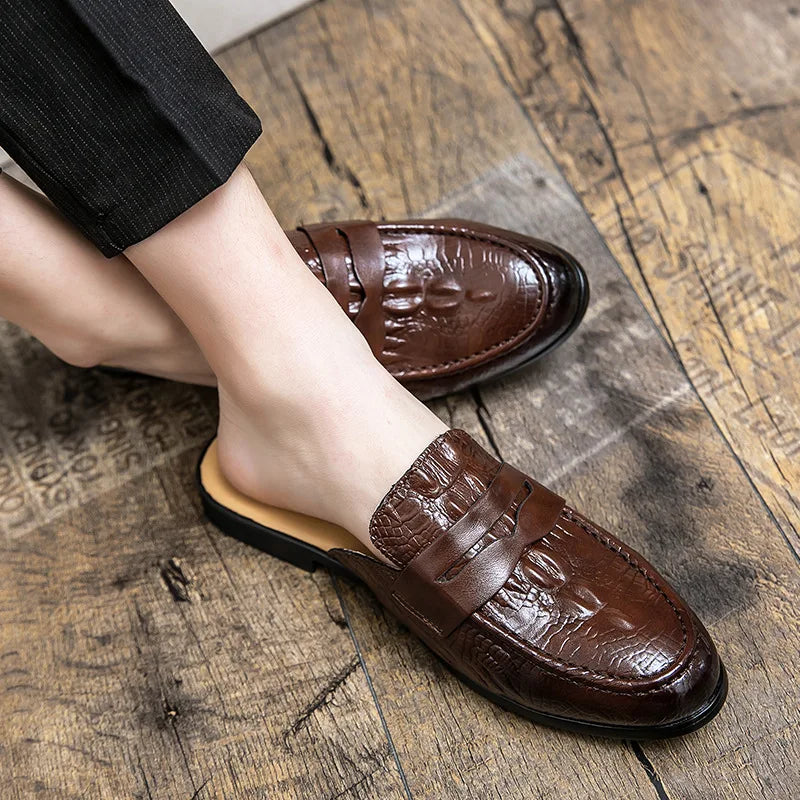 Men's Leather Mules Slippers with Metal Decoration