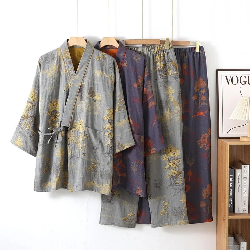 Comfortable Loose Homewear Sleepwear Set Japanese Style Men's Cotton Kimono Pajamas Set - Long Sleeve Robe with Pants
