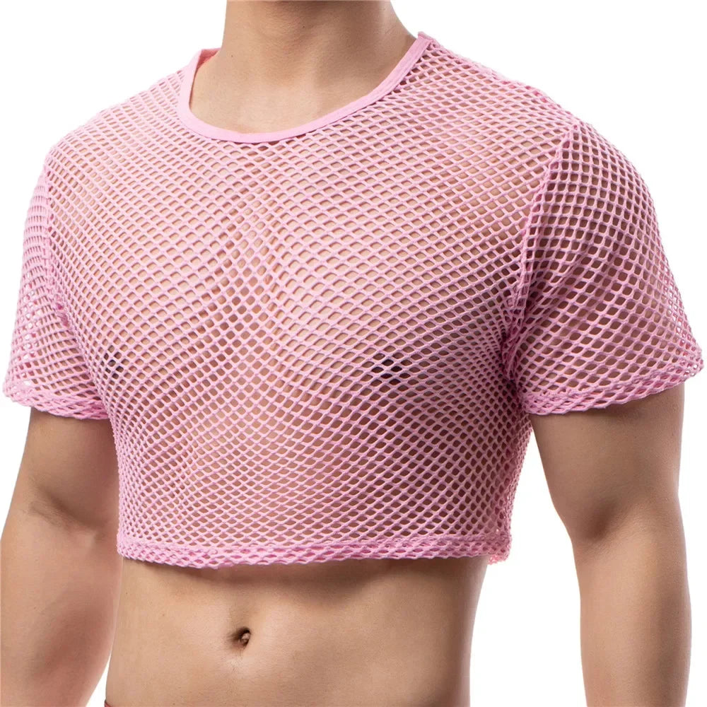 Sexy Mens Undershirts Short Sleeve Transparent Mesh Crop Tops Fishnet Hollow Out T Shirts Sport Nightclub Muscle Sheer Tees Tops