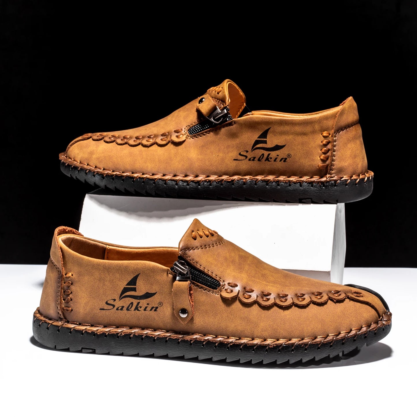 Men's Breathable Leather Casual Shoes with Zip Closure