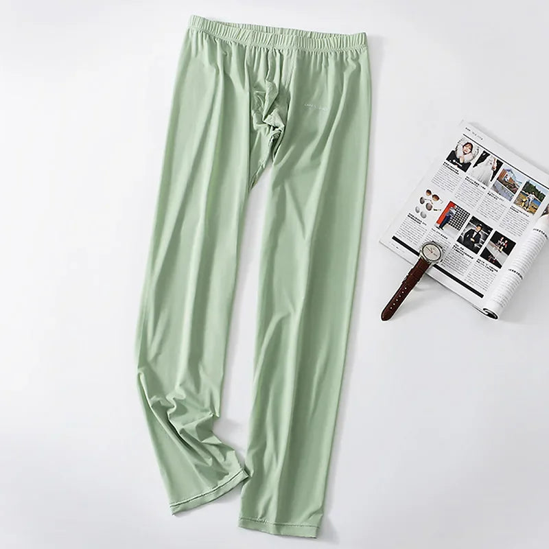 Mens Ice Silk Long Johns Homme Sleepwear Underwear Bottom Trousers Ultra-Thin Thermal Underwear Bottoms