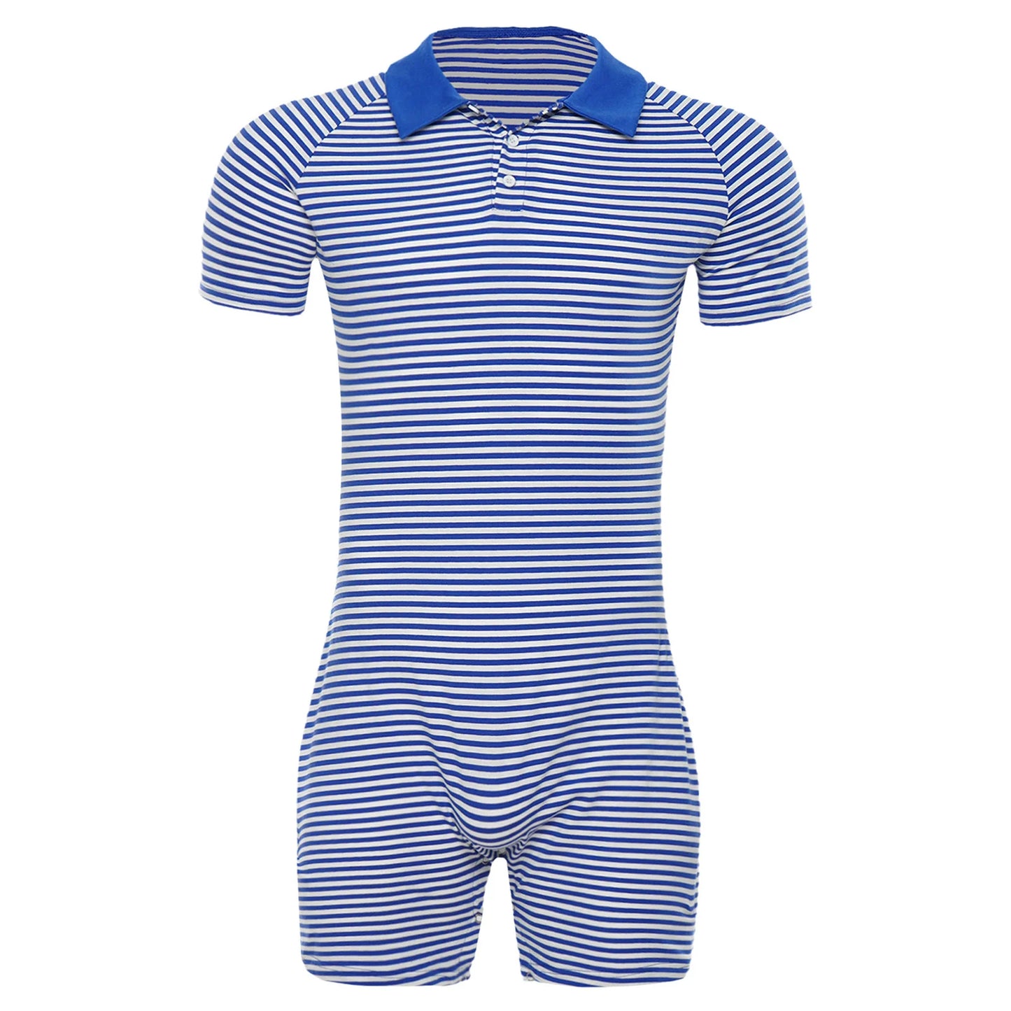 Men Cozy Striped Pajamas Bodysuit Turn-down Collar Buttoned Crotch Jumpsuits Short Sleeve Homewear Loungewear for Leisure Time