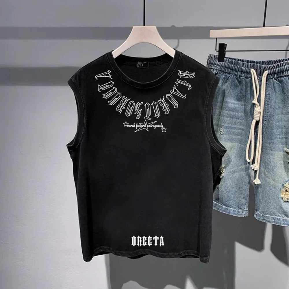 Mens Vest Cotton Trendy Letters Print Chic Tank Tops American High Street Fashionable Sports Casual Sleeveless Tops Summer New