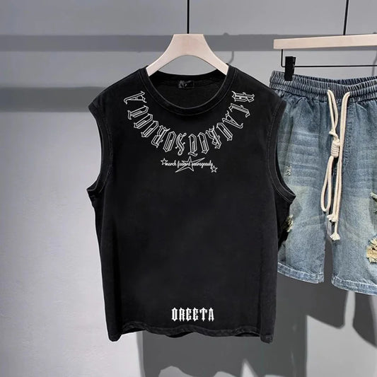 Mens Vest Cotton Trendy Letters Print Chic Tank Tops American High Street Fashionable Sports Casual Sleeveless Tops Summer New