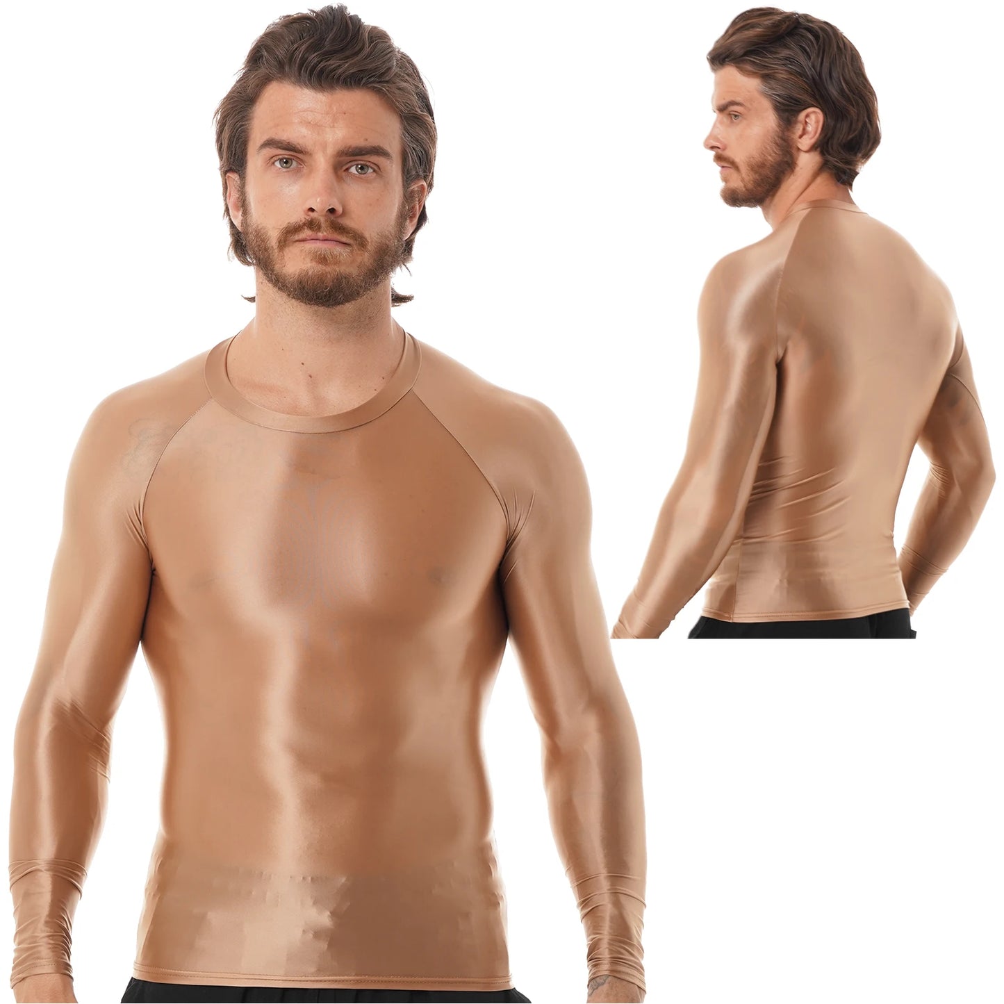 Mens Sports T-Shirts Tops Slim Fit Breathable T-Shirts Tops Glossy O Neck Long Sleeve Transparent T-shirt Running Undershirts
