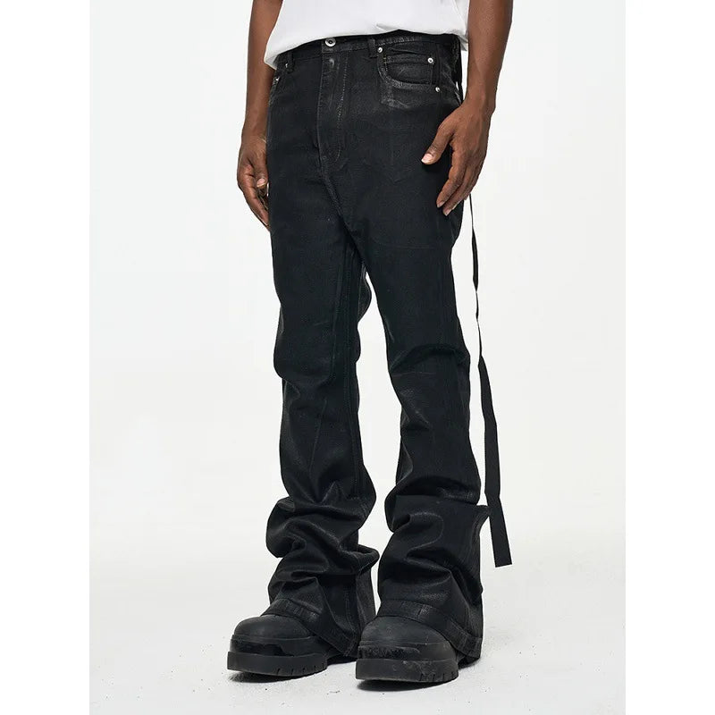 Black Vinyl Coated Wide Leg Jeans for Men