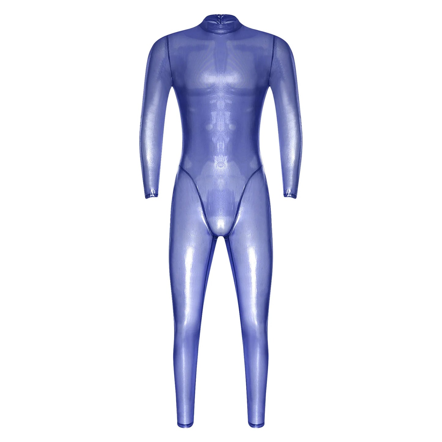 Mens Lingerie Tights Long Pants Metallic Shiny Full Body Unitard Back Zipper Catsuit Bodysuit Leggings Sheer Jumpsuit Clubwear