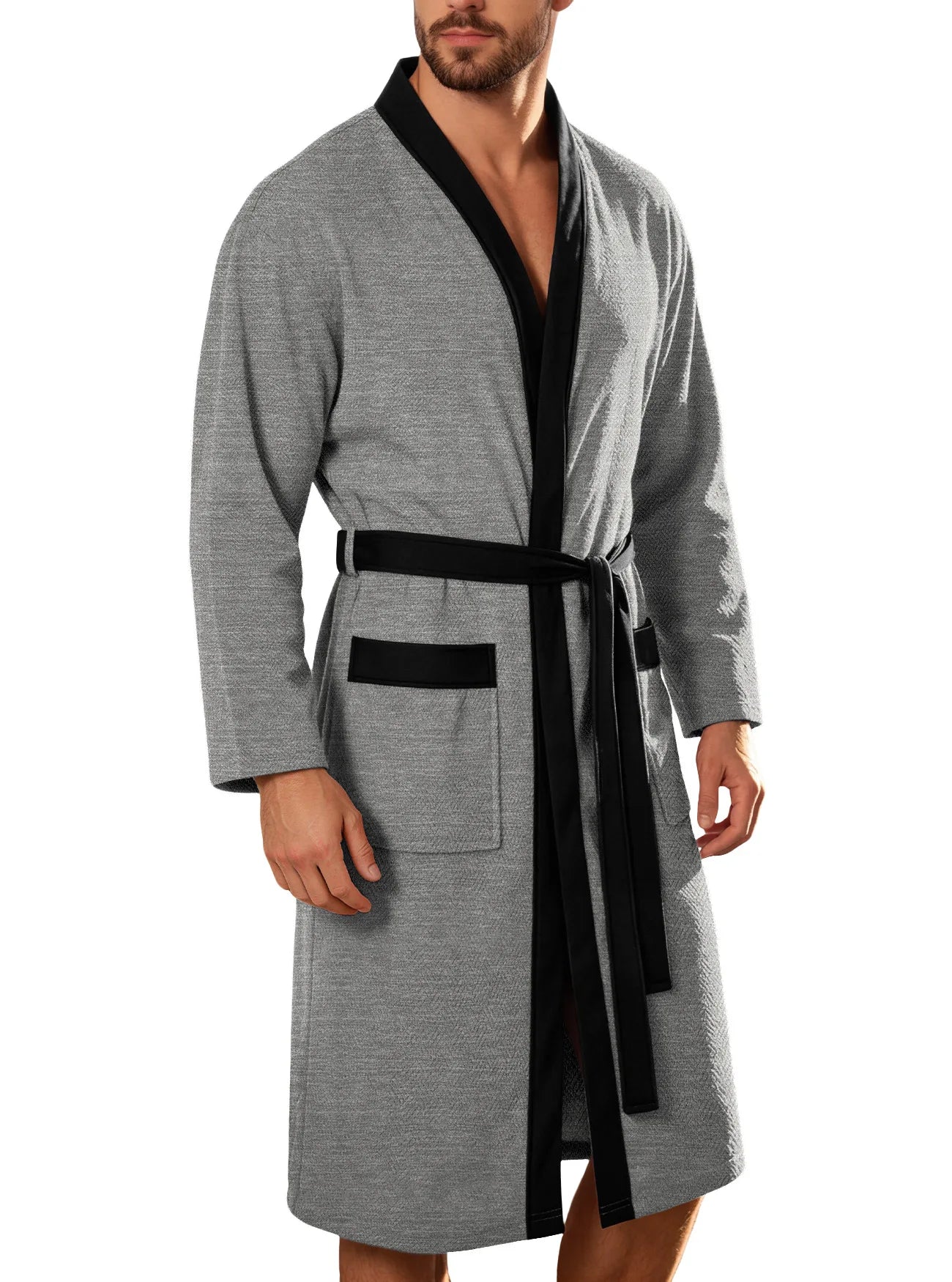 Men's Bathrobe Soft Nightgown Pajamas Robe Male Dressing Gown Mens Bath Robes With Belt Pockets Solid Sleepwear Home Clothes