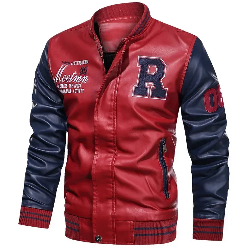 Bomber Jacket Men Leather Fleece Casual Zipper Coat