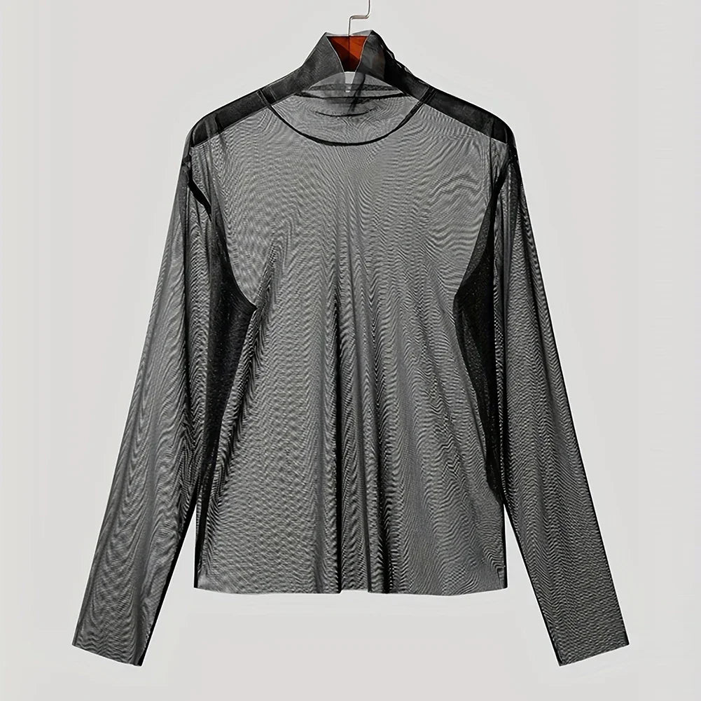 Sexy Mens Streetwear Mesh Transparent Turtleneck Long Sleeve Tops Solid Color Summer T Shirts O Neck Tee for Men Black Color