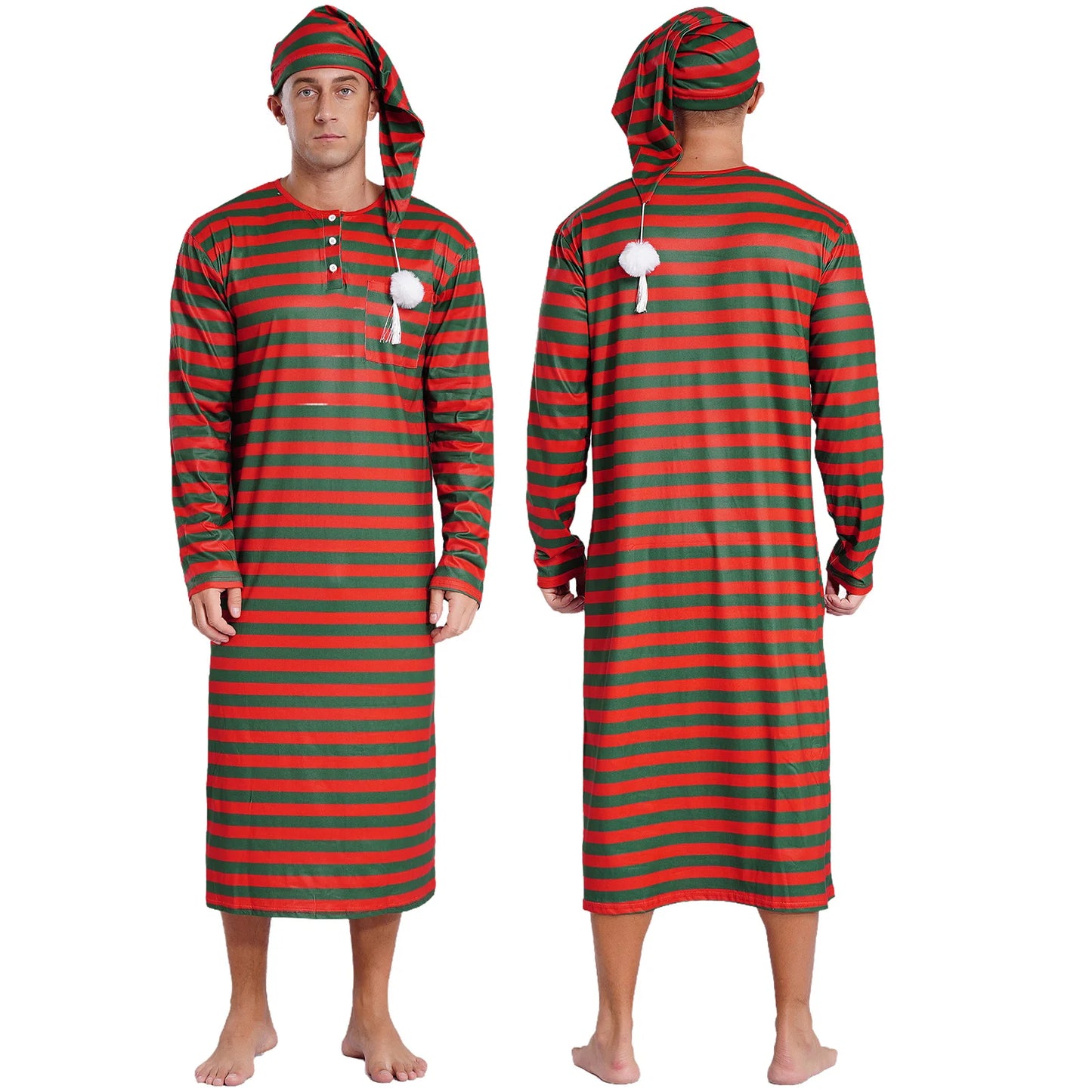 Mens Christmas Striped Sleep Robe with Hat Set