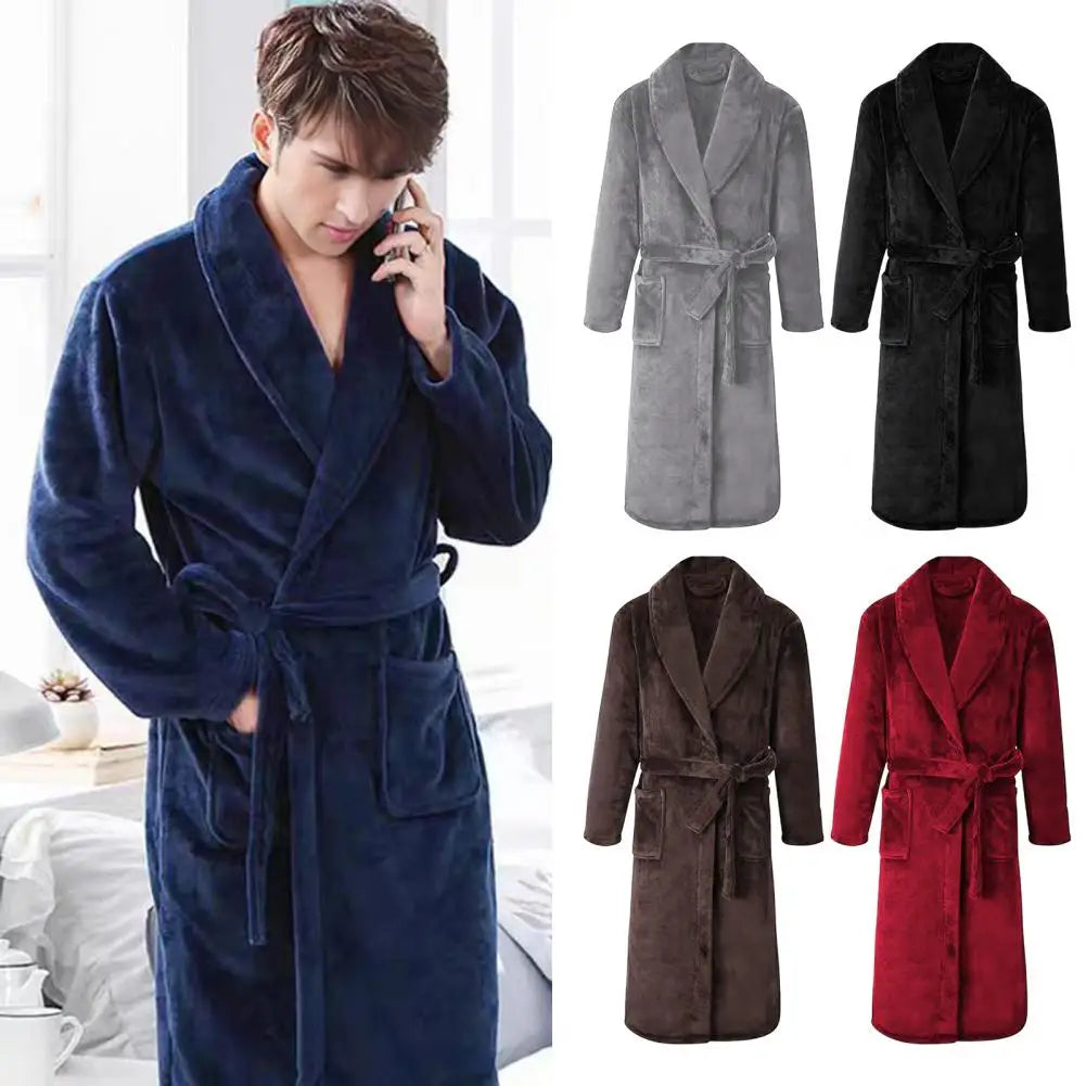 Men Women Bath Robe Lapel Long Sleeve Knee-Length Bathrobe With Belt Pockets Flannel Soft Loungewear Nightwear Plush Spa Robe
