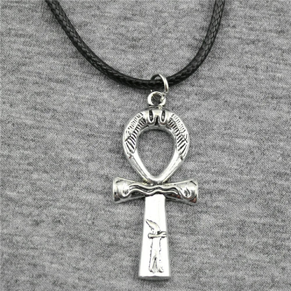 Egypt Ankh Cross Necklace Pendant Black Leather Chain Necklace