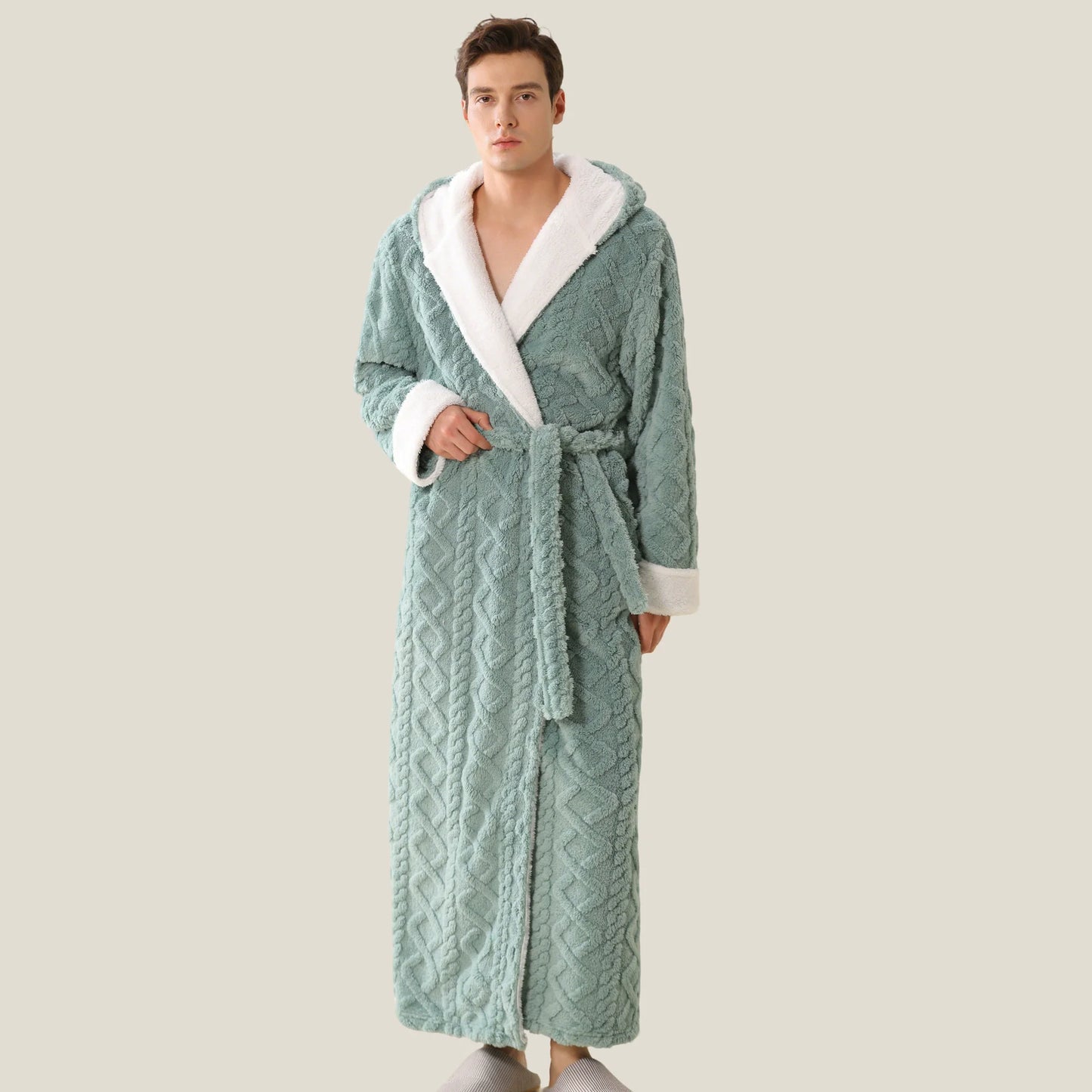 New Winter Flannel Hooded Men Long Robe Lounge Wear Thicken Warm Coral Fleece Male Sleepwear Kimono Bathribe Gown Loose Homewear