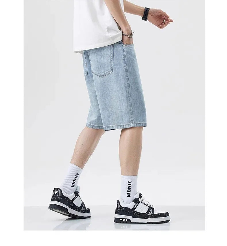 2025 Summer men seven inch jeans fashion design men's jeans slim fit straight leg short jeans casual loose wide leg denim shorts
