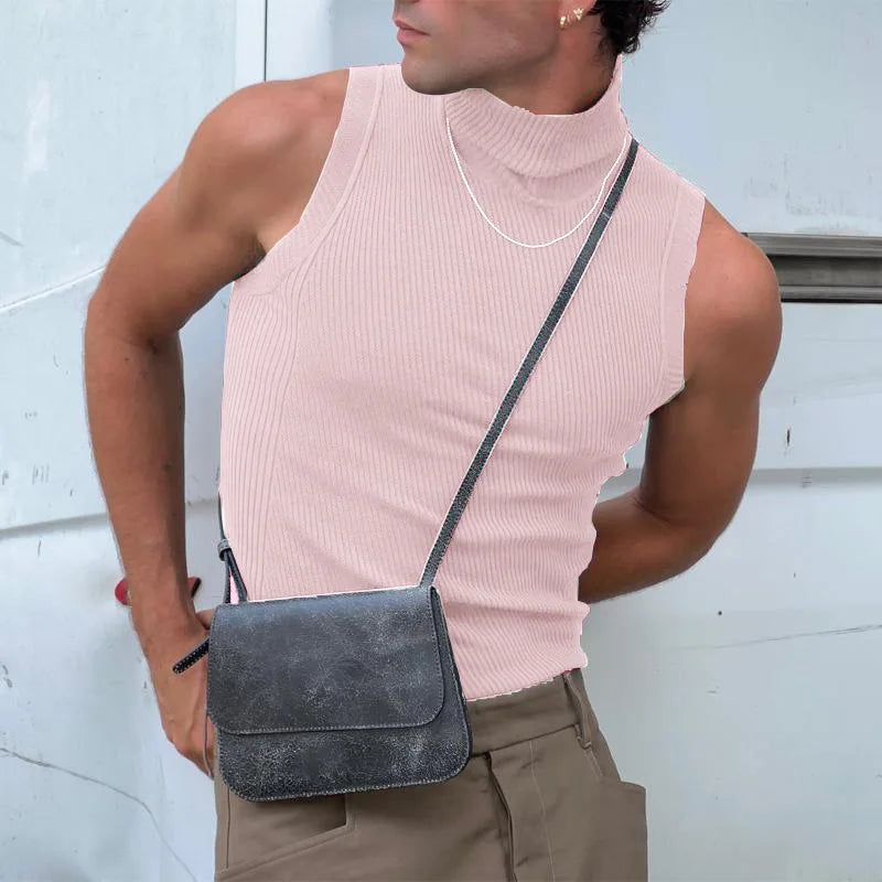 Men's Clothing Sexy Skinny Solid Color Tank Tops High Colalr Sleeveless Gym Streetwear Leisure Vests Party Basic Shirt S-3XL