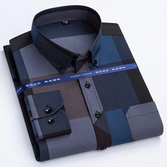 Men's Non-iron Plaid Dress Shirt for Spring and Autumn