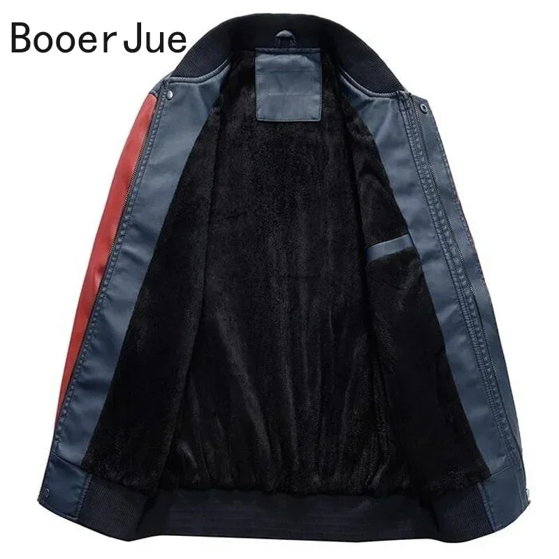 Bomber Jacket Men Leather Fleece Casual Zipper Coat