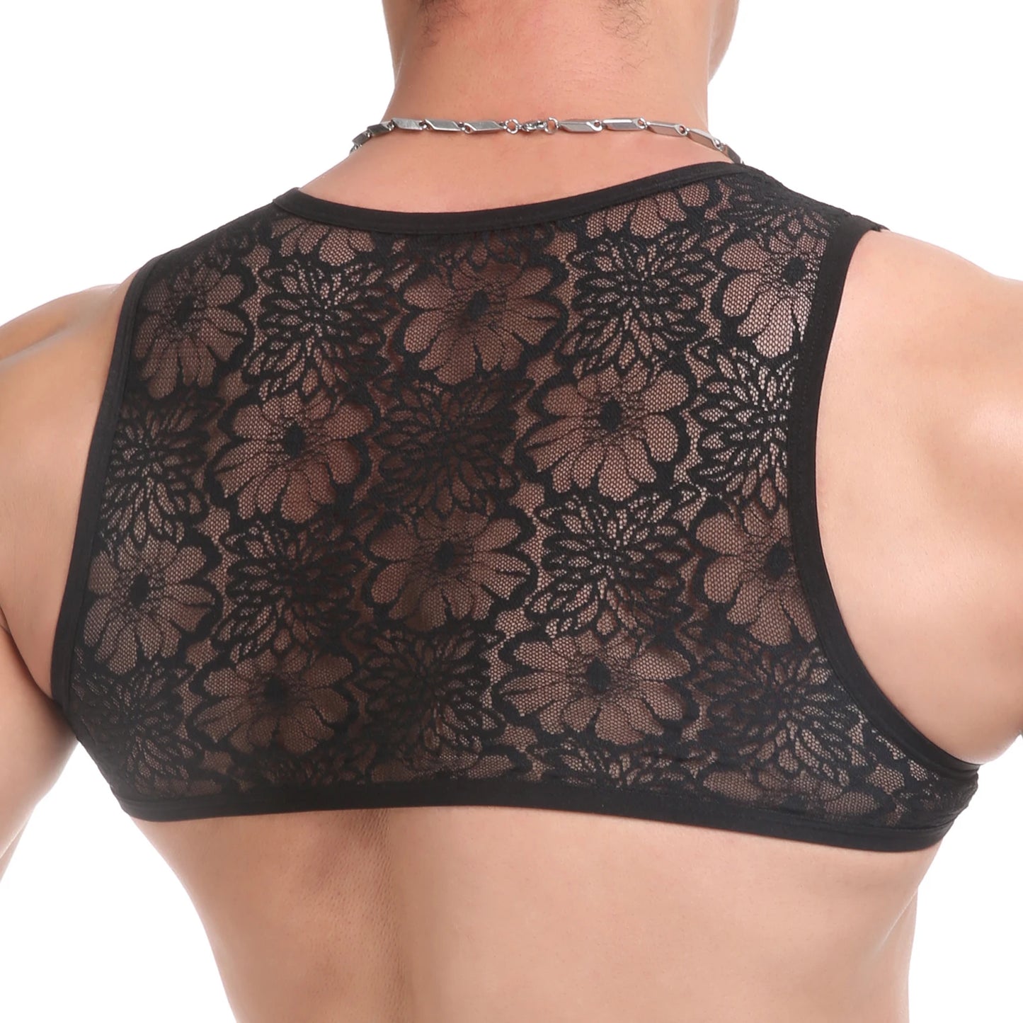 Mens Lace Sheer Crop Tops Vest Sleeveless Crossdressing Man Sissy Bras Short Tank Top Muscle Workout Fitness Singlet