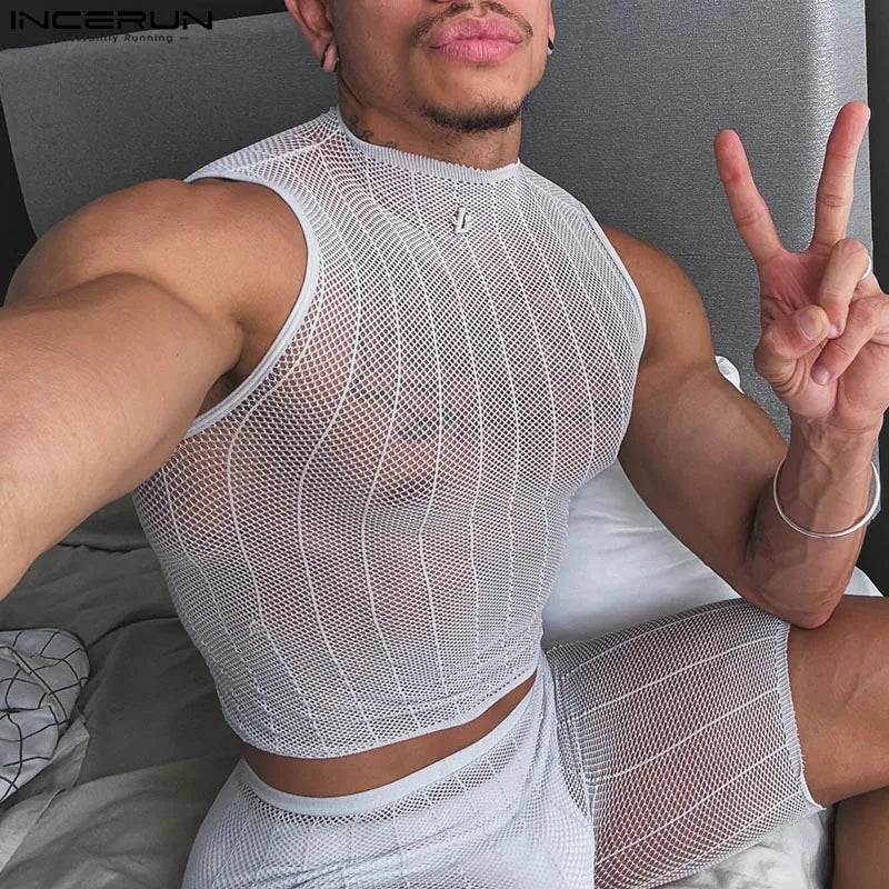 Men Tank Tops Mesh See Through O-neck Sleeveless Sexy Striped Male Crop Tops Streetwear Summer Party Fashion Men Vests S-5XL
