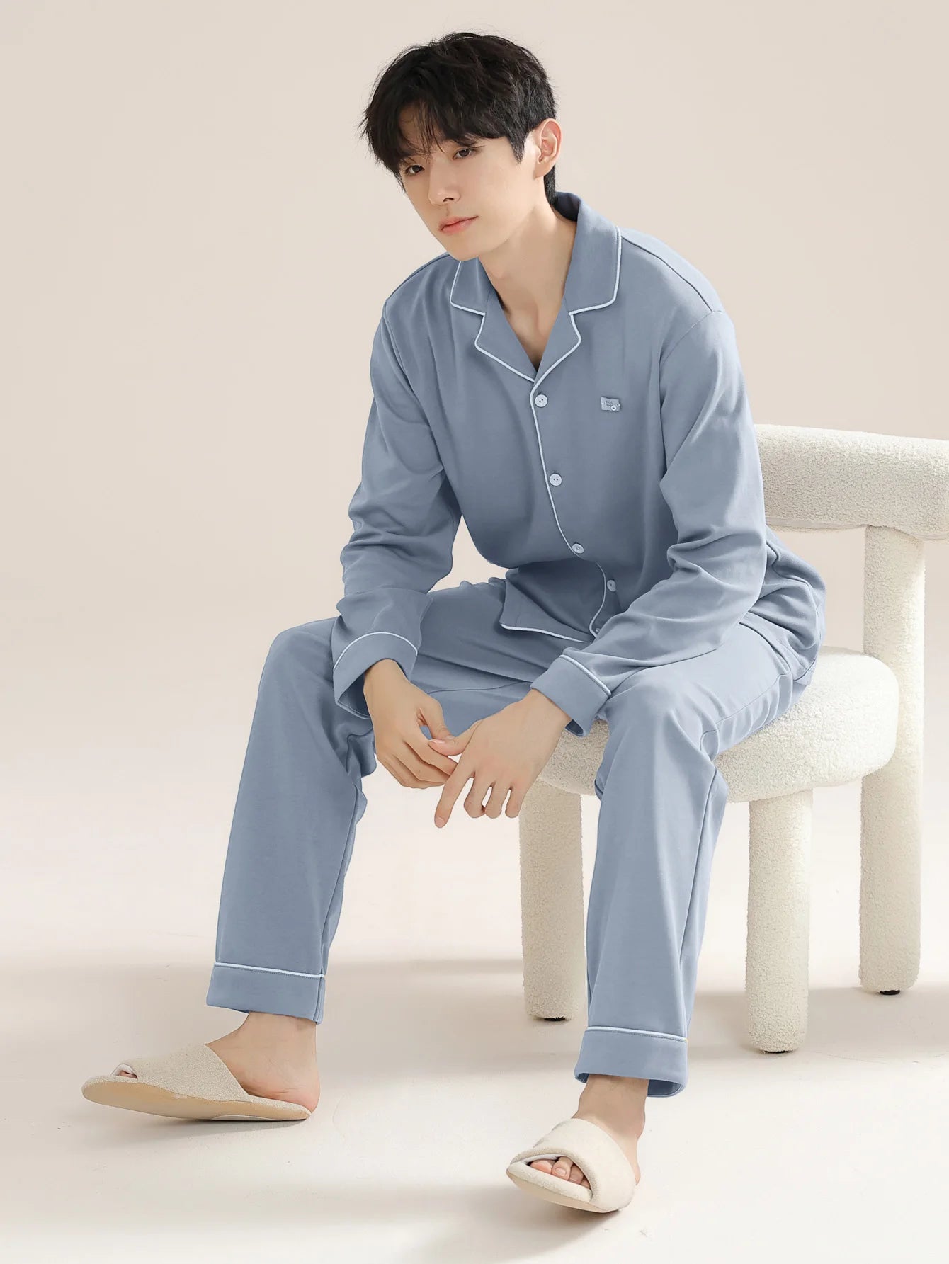 Men's 100% cotton long sleeved four season plus size men's sleepwear, teenage pure cotton home suit set for warmth