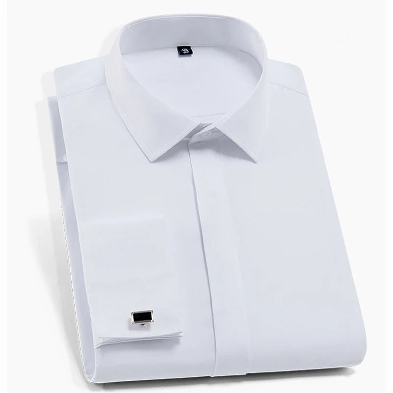 Men's Solid Long Sleeve Dress Shirt with French Cufflinks