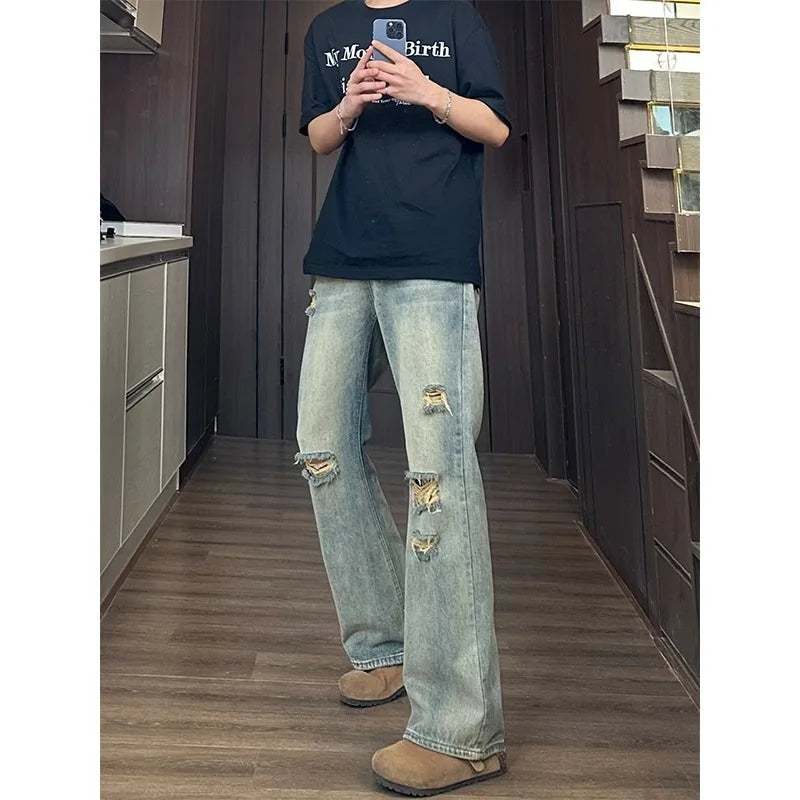 Men's Loose Fit Distressed Denim Jeans for Casual Wear
