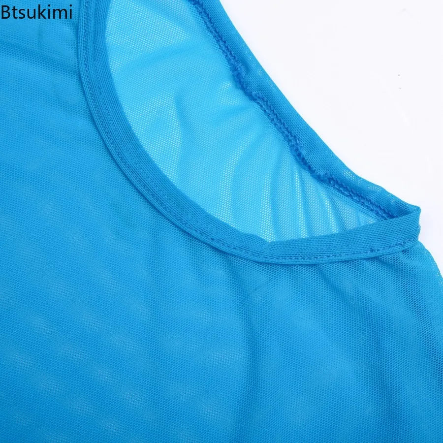 2026 Men's Sexy Mesh T-shirts High Elastic Transparent Long Sleeve Tops Men Sport Fitness Compression Tees See Through Gym Wear