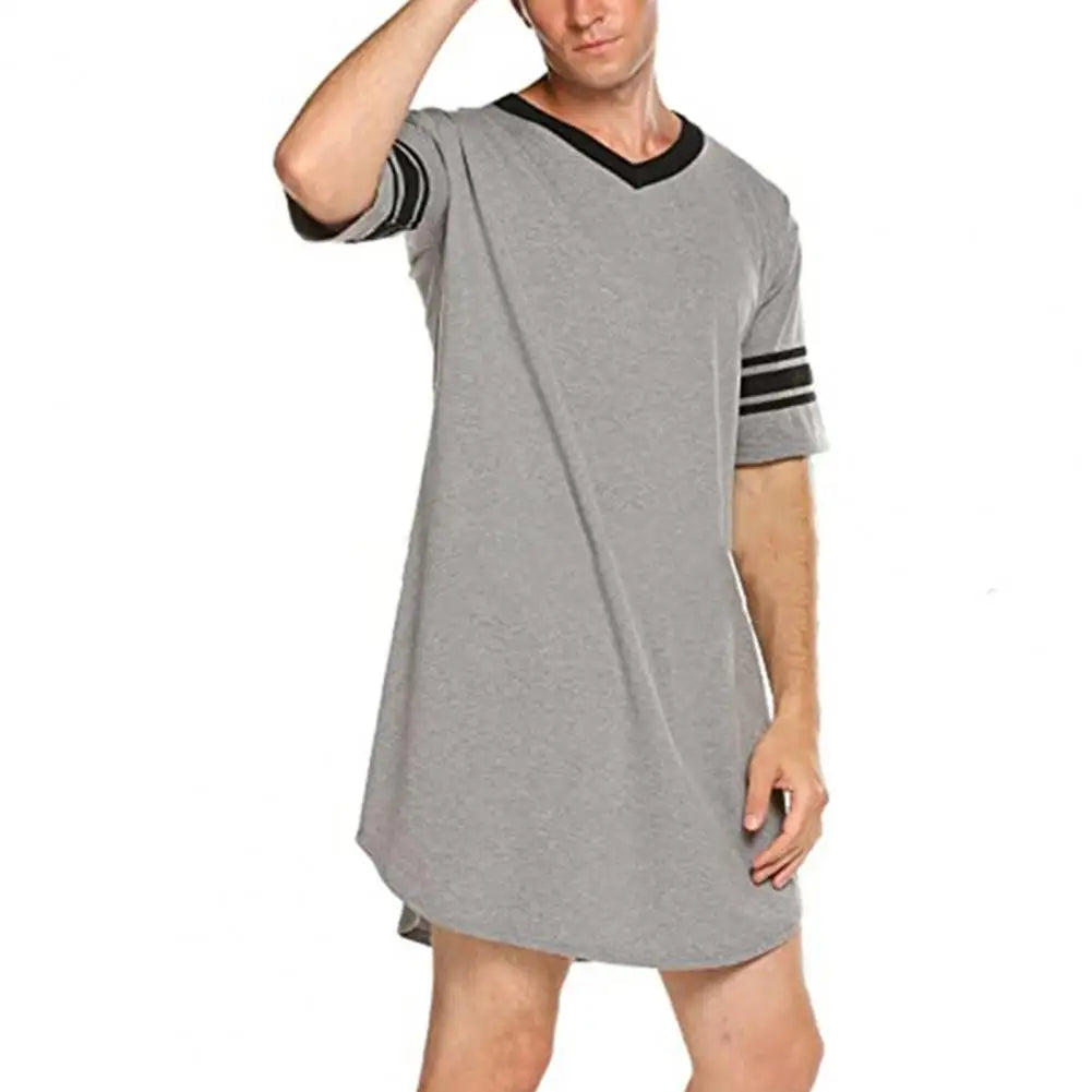 Men Loungewear Contrast Color Men Summer Long T-shirt Striped Print Sleeping Clothes Men Bathrobe Sleep Dress Homewear Robe